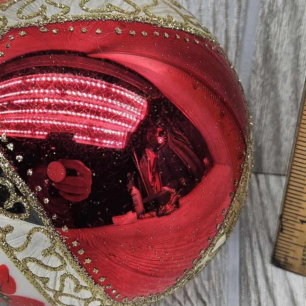 Vintage Hallmark Christmas Ornament Poinsettia Indent Ball Glass Red Gold 4 Inch